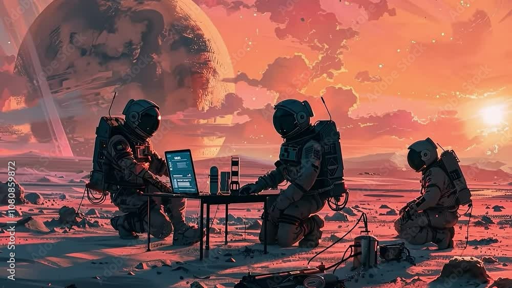 Poster group of astronauts are sitting at a table on a planet. the scene is set in a space-like environment