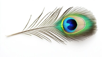 Obraz premium Vibrant Peacock Feather with Iridescent Colors and Intricate Patterns Displaying Nature's Beauty and Elegance on a White Background