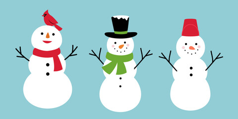 Cute Christmas snowmen set flat vector illustration.
Winter holiday snowman cartoon SVG.