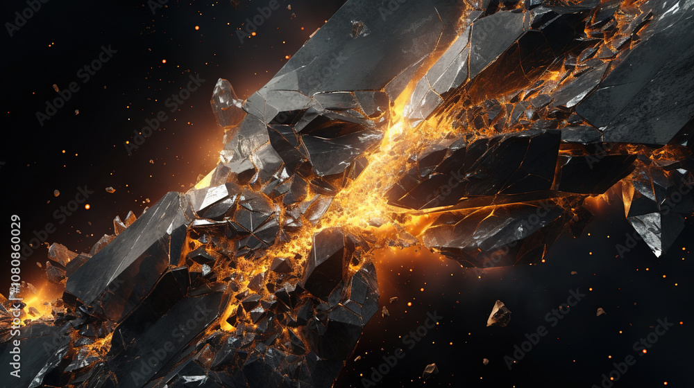 Poster abstract explosion in space with rocks and stones burst in flame, sci-fi and technology background