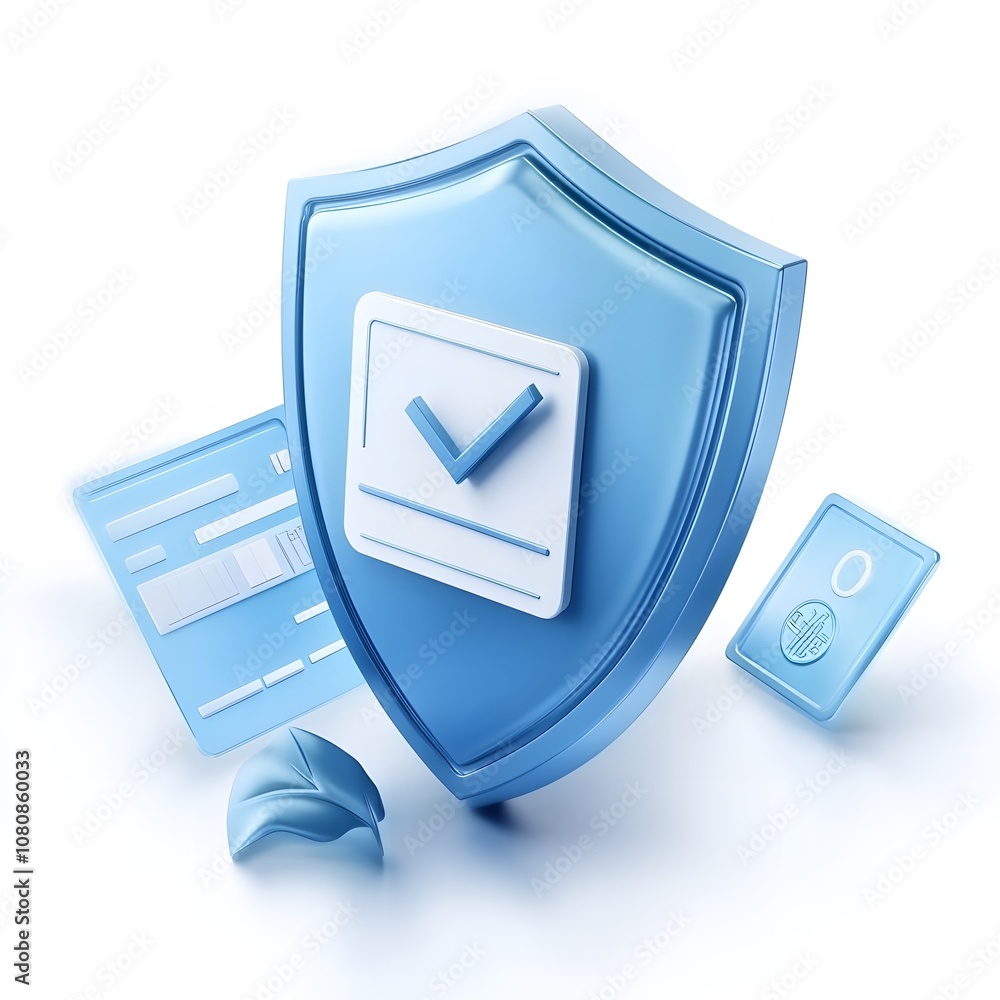 Poster blue 3d shield protection icon with check for online payment on white background concept, user accou