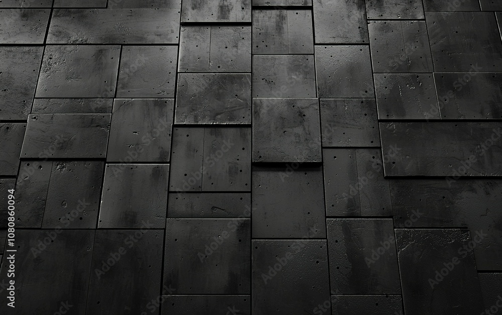 Poster dark textured floor with large square tiles arranged in a geometric pattern under soft lighting in a