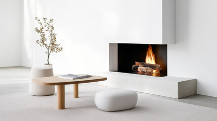 A modern living room featuring minimalist design with cozy fireplace, wooden coffee table, and soft white seating. serene atmosphere is enhanced by warm glow of fire