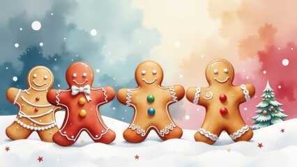 Fototapeta premium Fröhliche Weihnachtskarte mit vier liebevoll verzierten Lebkuchenfiguren in einer Schneelandschaft, vor einem Farbverlauf-Hintergrund mit Schneeflocken und einem kleinen Tannenbaum. Generative KI.