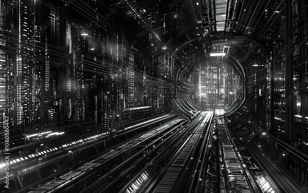 Poster a futuristic tunnel illuminated by glowing lines and lights in a high-tech environment, showcasing a