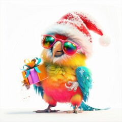 Fototapeta premium A cheerful parrot in a Santa hat enjoys the festive spirit while holding a colorful gift
