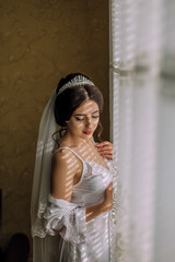 A woman in a white dress is standing in front of a window. She is wearing a tiara and a veil