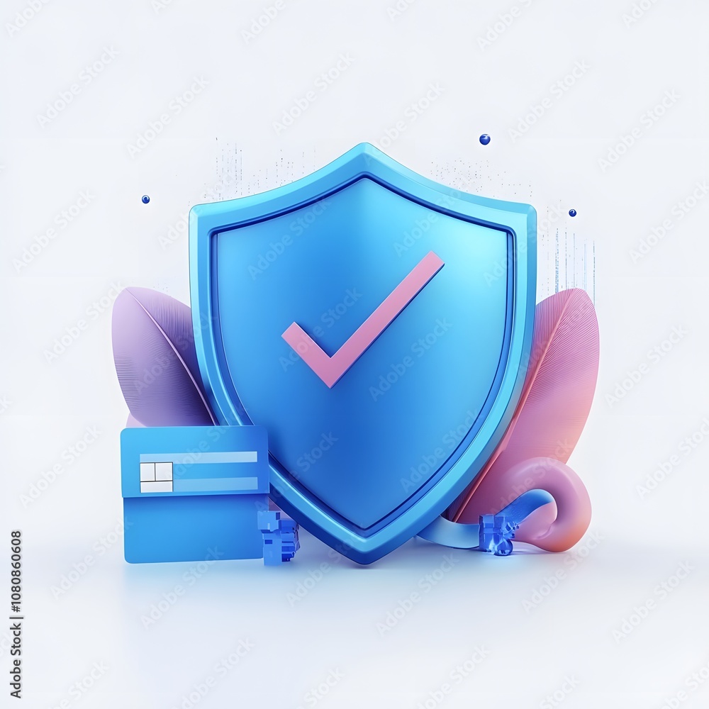 Wall mural BLUE 3D shield protection icon with check for online payment on white background concept, user account for 3d security with payment protection on isolated vector render background