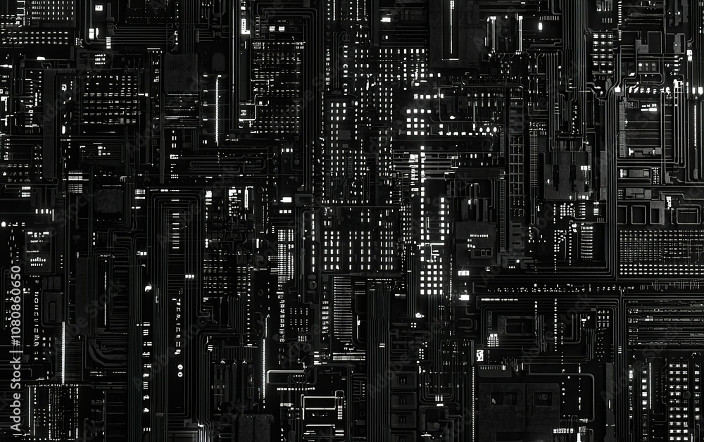 Poster abstract technological landscape featuring complex circuitry patterns illuminated in a dark environm