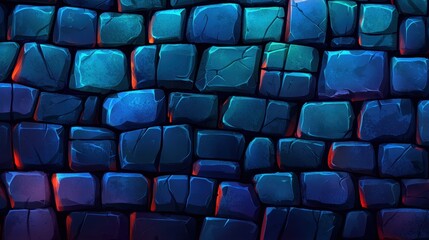 Fototapeta premium Intricate Dark Stone Wall Texture with Broken Tiles and Glowing Edges for Background and Design Use in Digital Art or Game Development