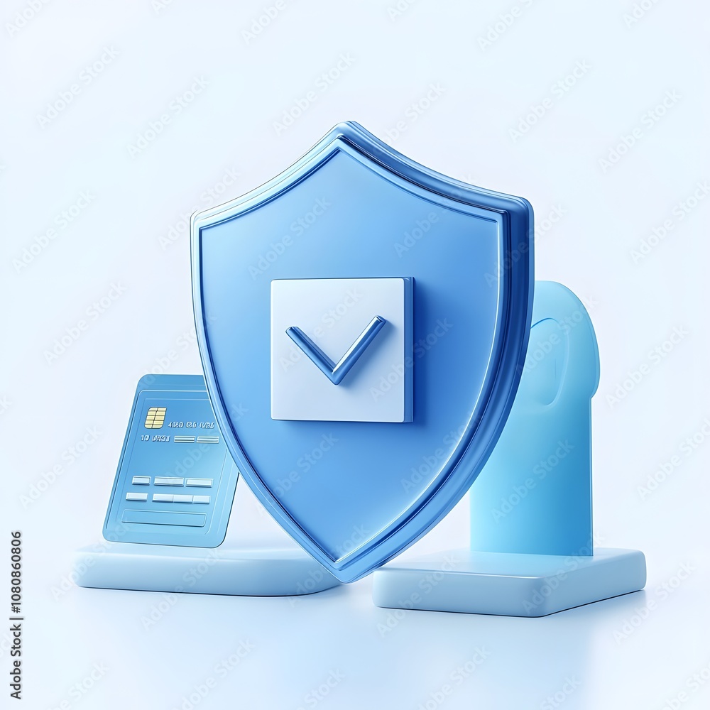 Poster blue 3d shield protection icon with check for online payment on white background concept, user accou