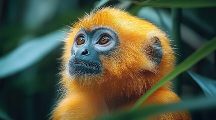 Fototapeta premium A close-up portrait of a golden monkey with blue face and large brown eyes looking up in a lush green jungle.