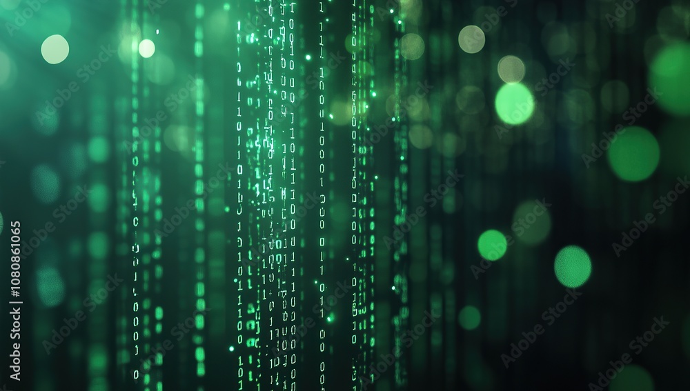 Poster digital background featuring green bokeh lights and binary code