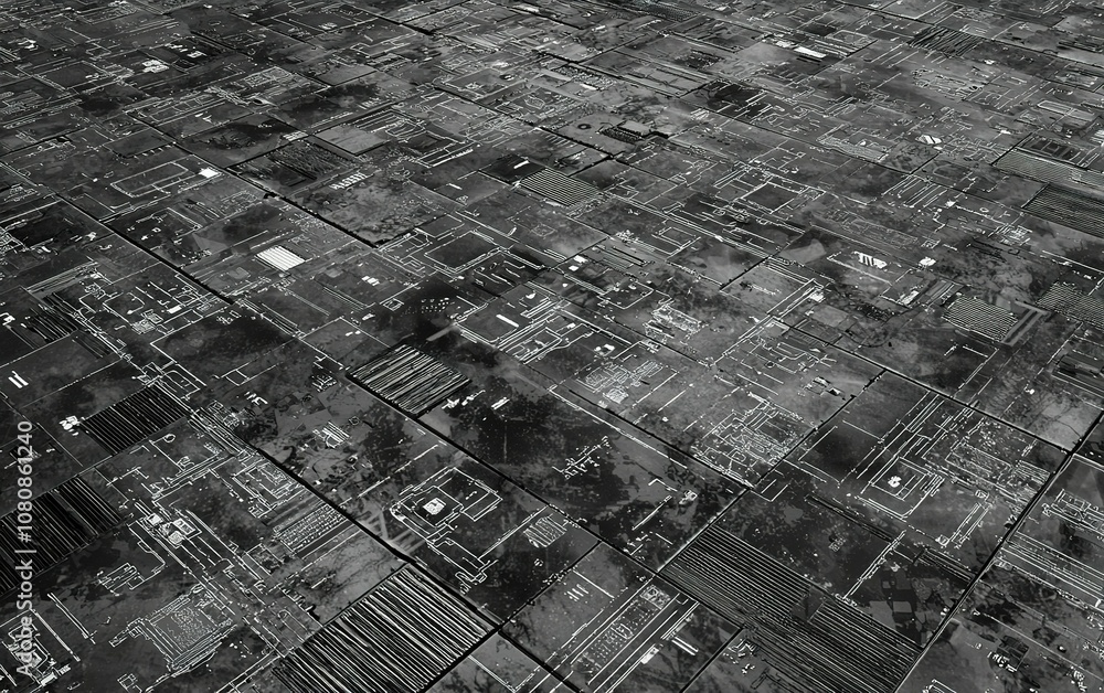 Poster abstract representation of circuit pattern across a futuristic landscape in a monochrome aesthetic