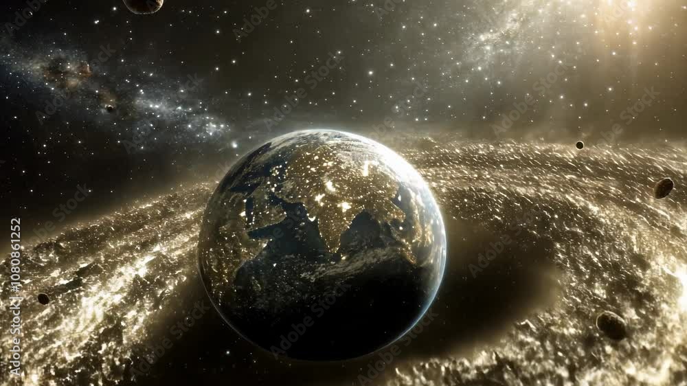 Poster earth is rotating in a golden galaxy, with asteroids and stars shining in the background. this anima