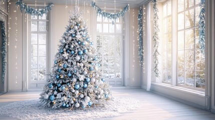 A snowy Christmas tree decorated in silver and blue ornaments, in a room with frosted windows and holiday garlands on the walls.