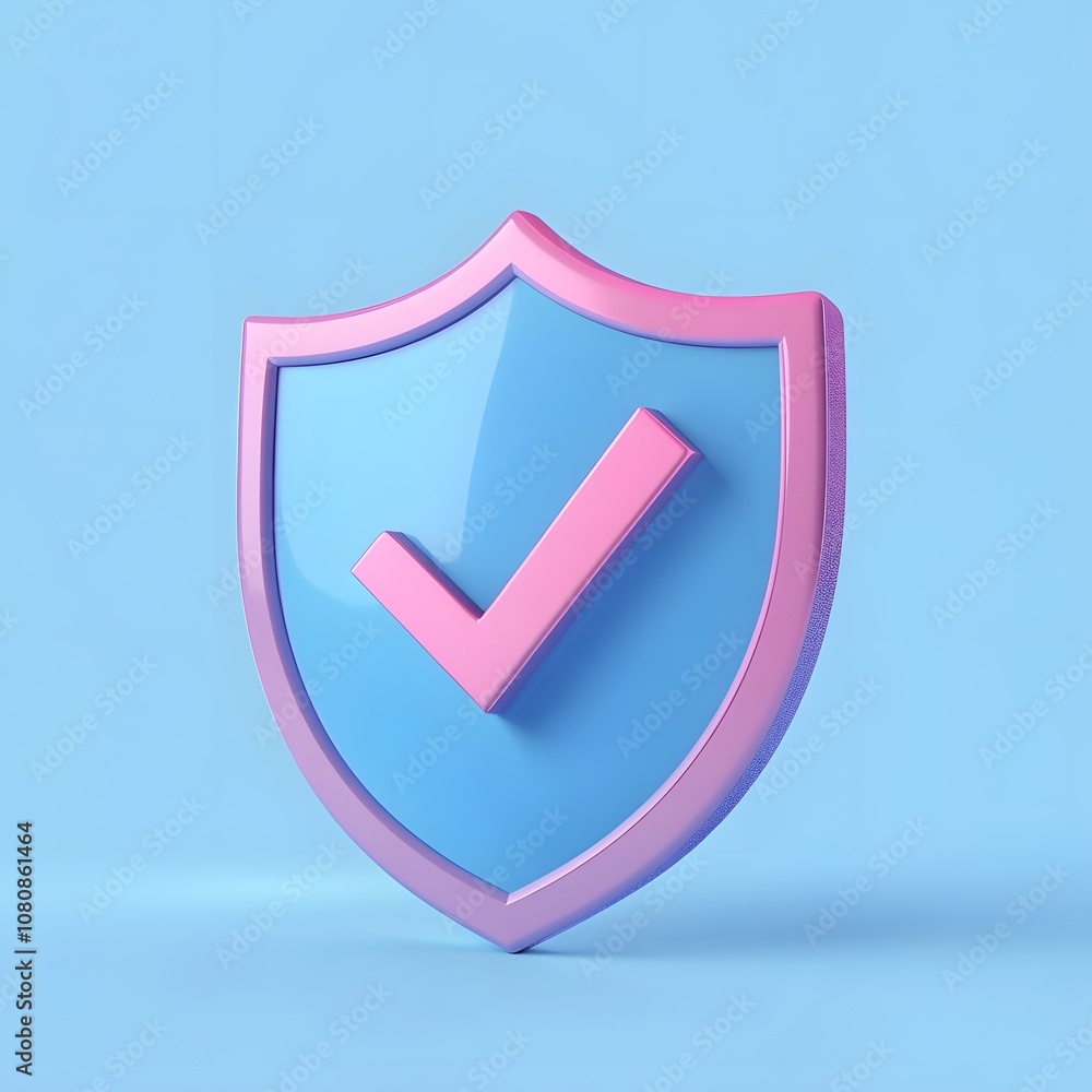 Poster blue 3d shield protection icon with check for online payment on white background concept, user accou