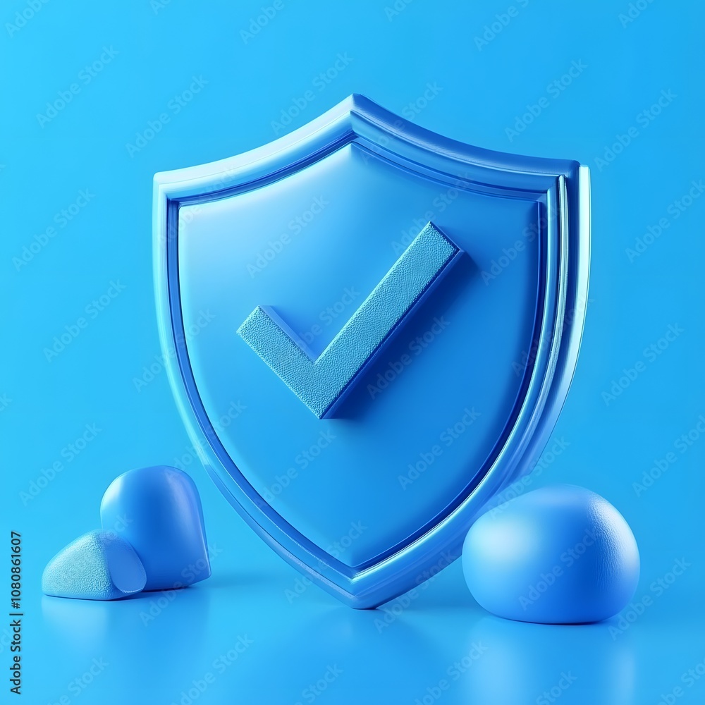 Poster blue 3d shield protection icon with check for online payment on white background concept, user accou