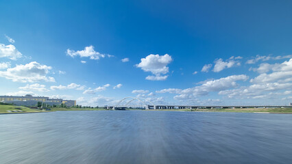 Fototapeta premium Astana, Kazakhstan. View from Pleasure boat on the river Ishim timelapse hyperlapse drivelapse in Astana.
