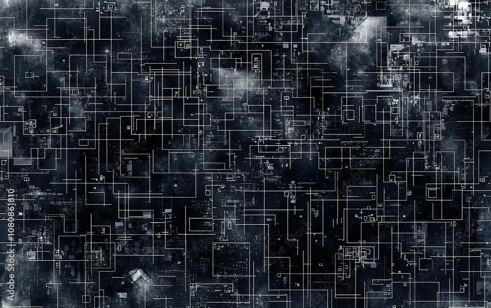 Poster abstract digital background with interconnected lines and shapes in black and white ideal for techno