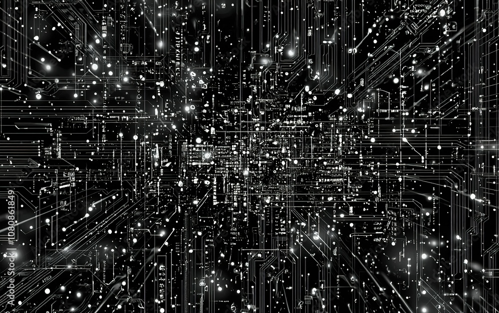 Poster abstract representation of digital circuits and data flow in a futuristic black background