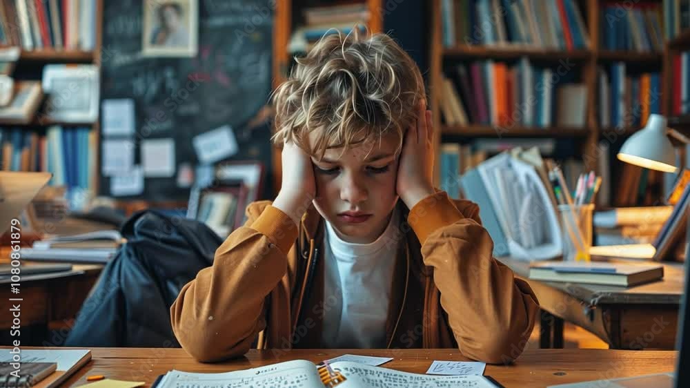 Poster A child sits at a wooden table in a library, visibly stressed while studying. Surrounded by books and notes, the atmosphere is calm yet tense with concentration.