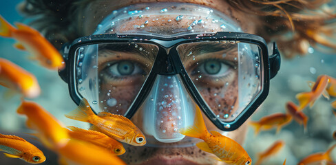 A diver with a focused expression observes tiny golden fish swimming close, immersed in the beauty of an underwater paradise, full of life and color