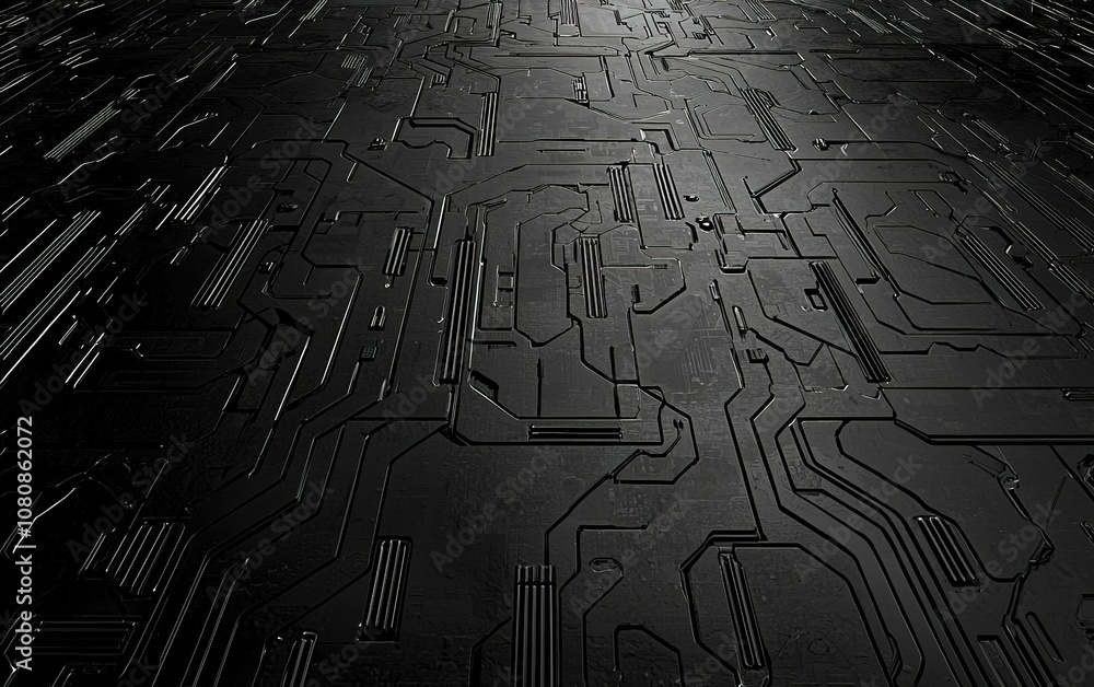 Poster abstract black circuit board design with intricate patterns and textures under soft lighting, ideal 