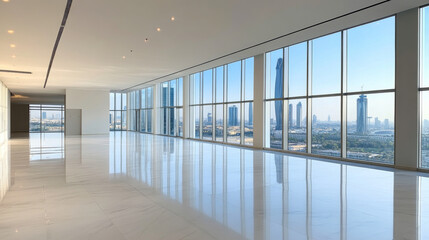 Obraz premium Spacious modern interior with large windows showcasing stunning city view. bright, airy atmosphere is enhanced by sleek marble flooring and contemporary design
