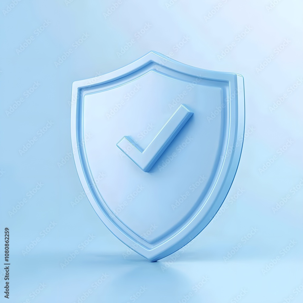 Poster blue 3d shield protection icon with check for online payment on white background concept, user accou
