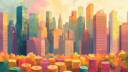 Obraz premium Vibrant city skyline at sunset with colorful buildings and autumn foliage in foreground