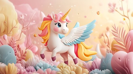 Whimsical Unicorn with Rainbow Mane in Colorful Landscape