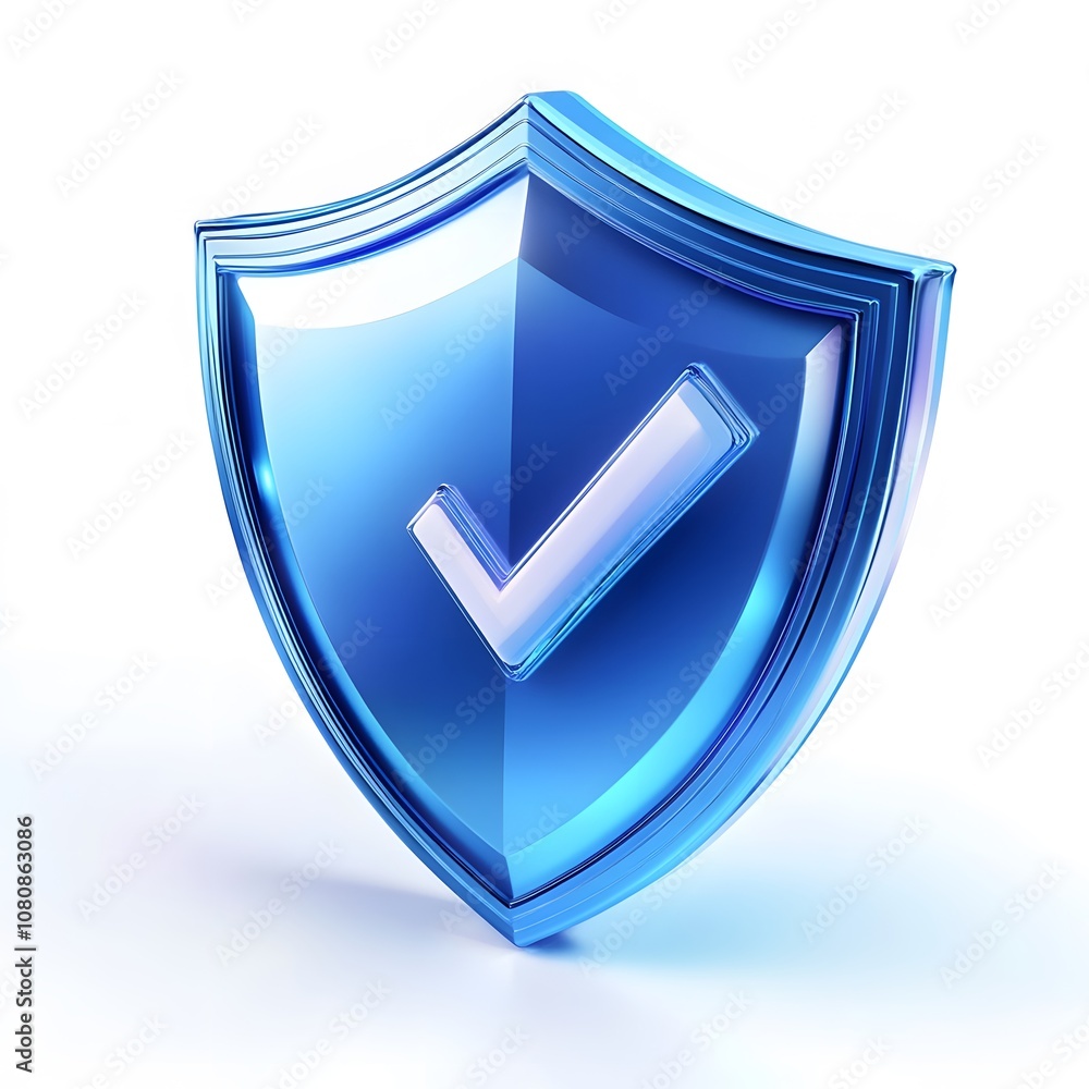 Poster blue 3d shield protection icon with check for online payment on white background concept, user accou