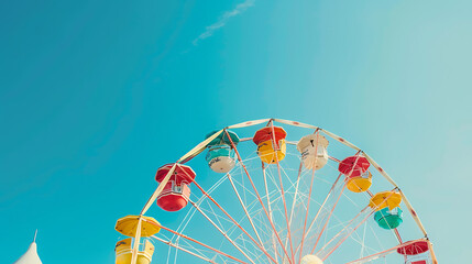 A Brightly Colored Ferris Wheel Against a Clear Blue Sky, Capturing the Joyful Atmosphere and Vibrant Energy of a Funfair or Amusement Park on a Sunny Day

