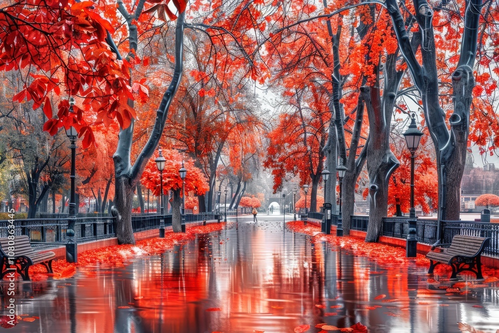 Poster a path lined with trees is covered in red leaves and has a wet