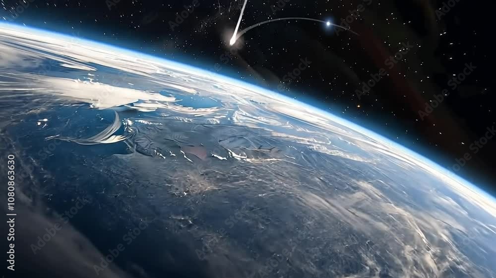 Poster planet with a comet falling from the sky. the comet is in the middle of the sky and the planet is in