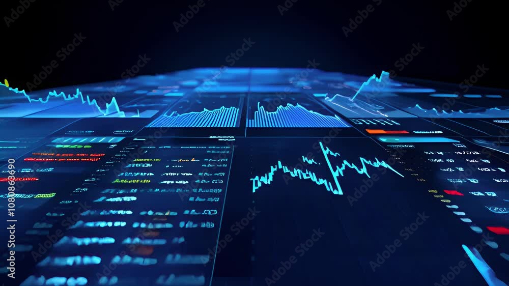 Poster a futuristic financial trading interface showing various stock market graph and data visualizations 