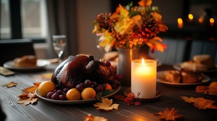 Elegant Thanksgiving dinner table with candlelight and autumn decor