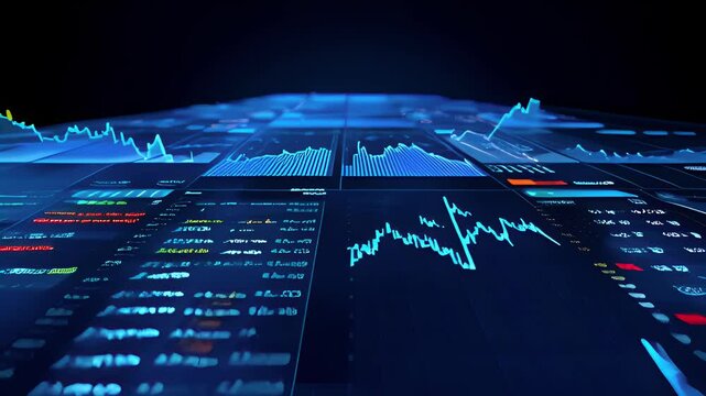 A futuristic financial trading interface showing various stock market graph and data visualizations in blue hues.