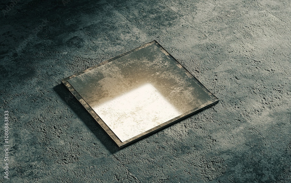 Poster reflection captured on a weathered floor through a square mirror illuminated by soft light in an ind