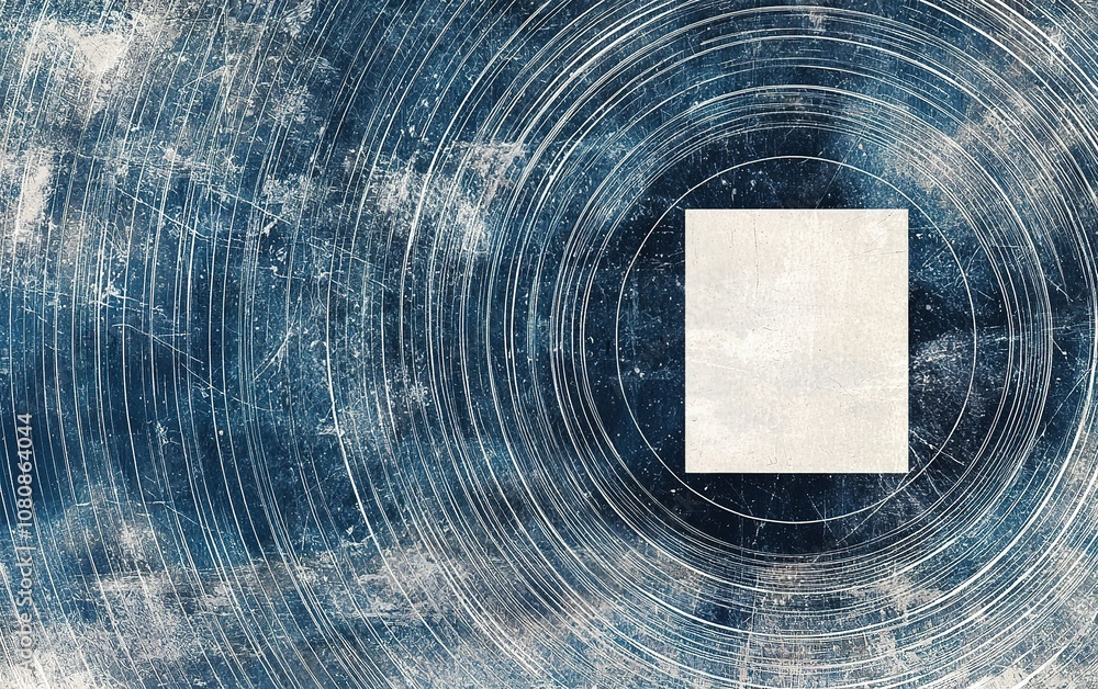 Poster abstract blue background with white square and concentric lines suggesting depth and texture in a mi