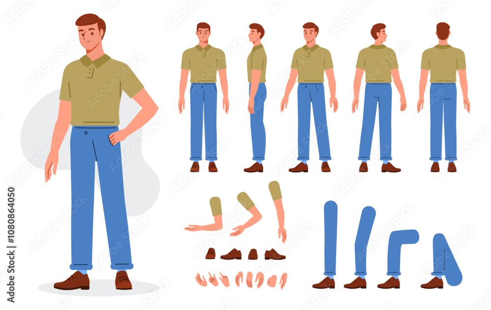 Poster casual man character constructor for animation. front, side and back view. body parts and postures c