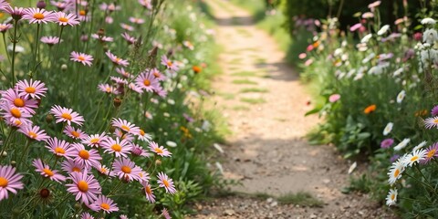 A garden path lined with pink daisies and wildflowers leads to a serene and peaceful atmosphere., garden flowers, outdoor, landscape