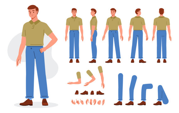 Casual man character constructor for animation. Front, side and back view. Body parts and postures collection. Vector illustration.
