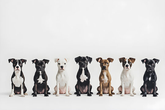 Seven cute dogs sitten side by side on white background