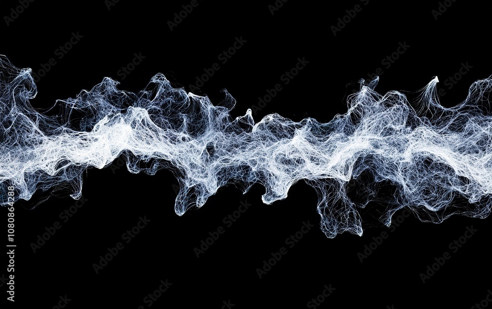 Poster abstract representation of flowing white smoke against a black background in a seamless and continuo