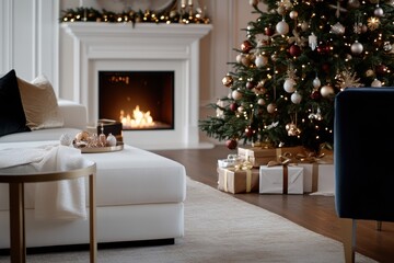 A beautifully decorated Christmas tree next to a cozy fireplace in an elegant living room with warm lighting and a white sofa, exuding a festive ambiance.