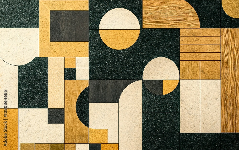 Aufkleber geometric patterns with wood and stone textures in a modern interior design layout featuring circles