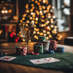 Poker game in festive atmosphere. Home party. Green, blue, and red poker chips on table. Christmas tree, festive atmosphere, blurred lights
