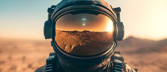 An astronaut in a helmet with a reflective visor shows a desert landscape at sunset in the background. Concept Astronaut in Helmet, Reflective Visor, Desert Landscape, Sunset Background